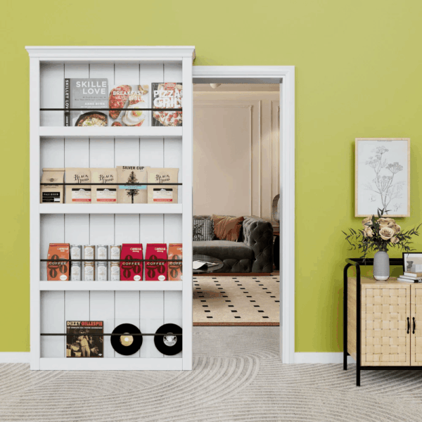 Ghost Sliding Barn Door and Hardware Kit & Soft Close & Moulding Top, 4 Shelves Concealed Barn Door, MDF Hidden Doors, White Primed, Assembly Required