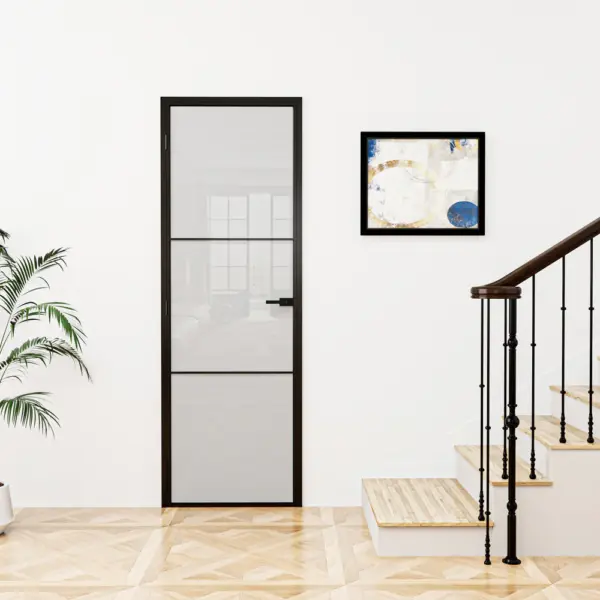 3-Lite Frosted Glass Aluminun Interior Door Slab with Prehung Aluminun Jamb and Lockset, Right Handed, Black Door Interior, Metal Swing Doors