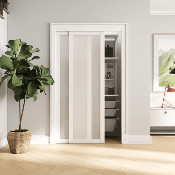 Modern sliding barn door kit with soft-close feature, moulding top, and 4 concealed shelves. Crafted from durable MDF, white primed, perfect for hidden storage. Assembly required.