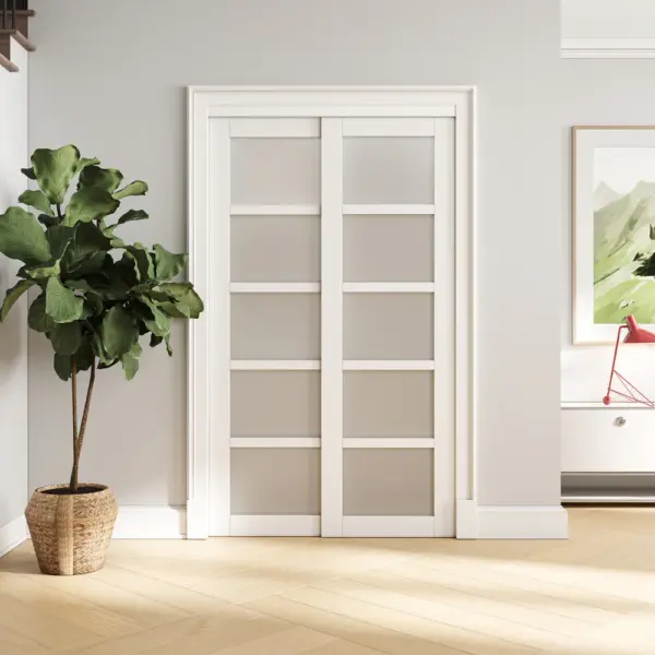 Tempered Frosted Glass Bypass Sliding Closet Door with Hardware Kit, Solid Core MDF Wood & Prefinished & Primed , White