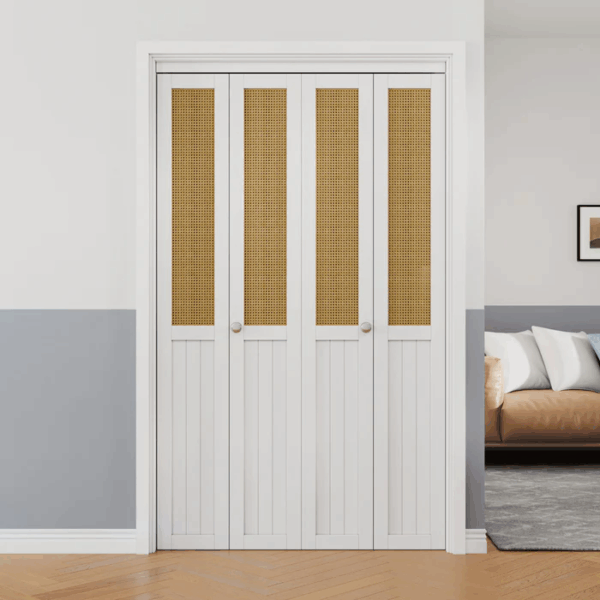 Woven Rattan Closet Bifold Door with Hardware Kit & Knob, Solid Core MDF Wood & PVC Covered Finished, White