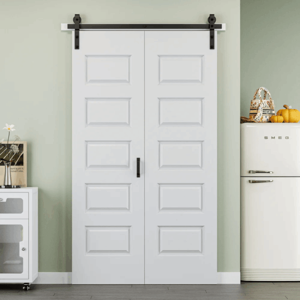 Hollow Paneled 2-Lite Arch White Primed MDF Composite Bi-fold Sliding Barn Door with Hardware Kit and Handle