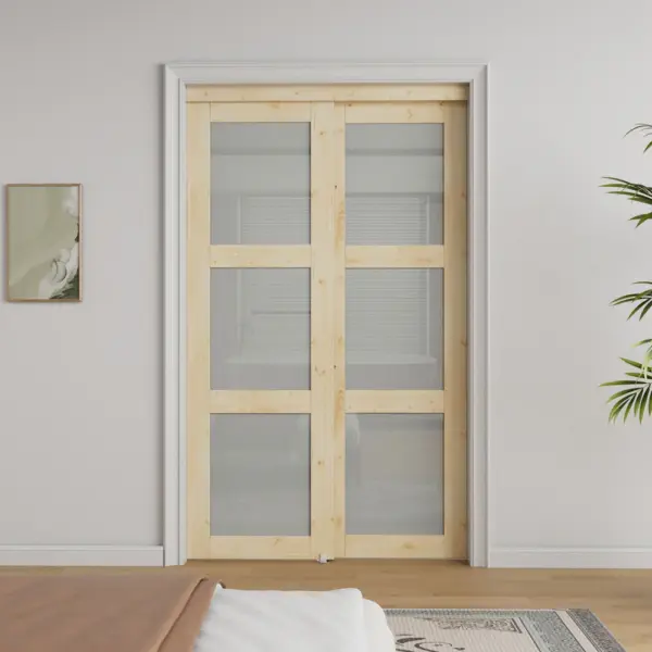 3-Lite Tempered Frosted Glass Bypass Sliding Closet Door with Hardware Kit, Solid Core Pine Wood & Paintable, unfinished